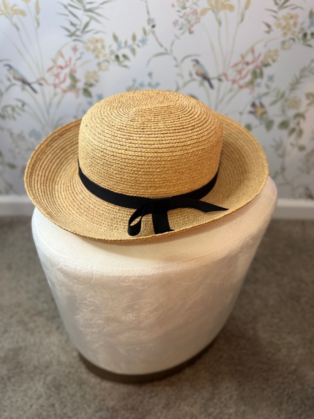 Helen Kaminski Natural Straw Boater with Black Ribbon Bow